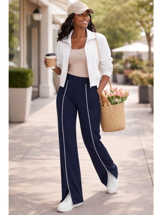 SPANX Pants - Spanx AirEssentials Front Stripe Wide Leg Pant Navy Women's Large Athleisure